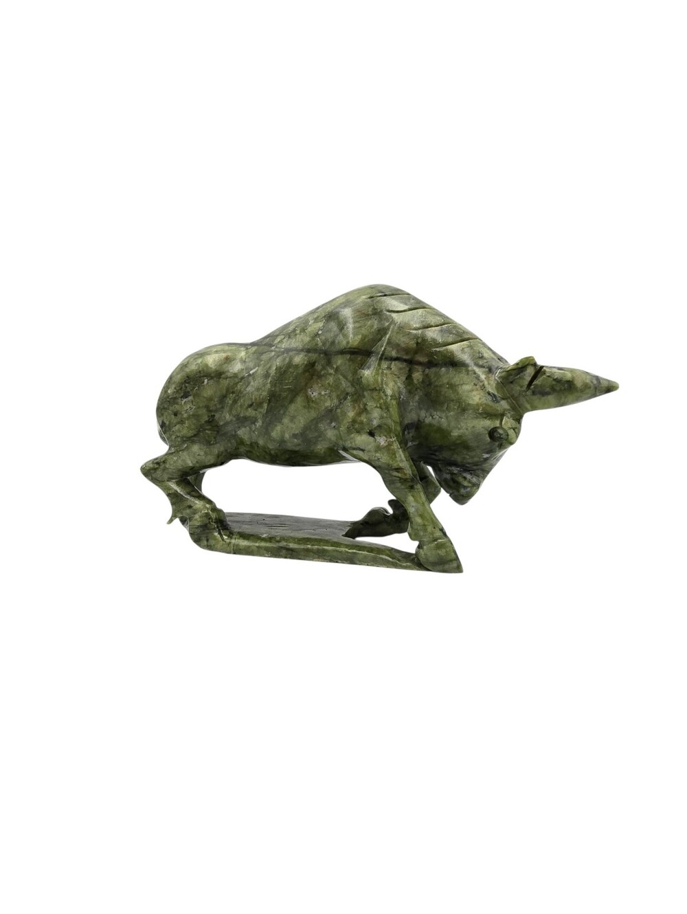 Massive 6 lb Natural Serpentine Olive Jade Carved Bull Sculpture Wall Street